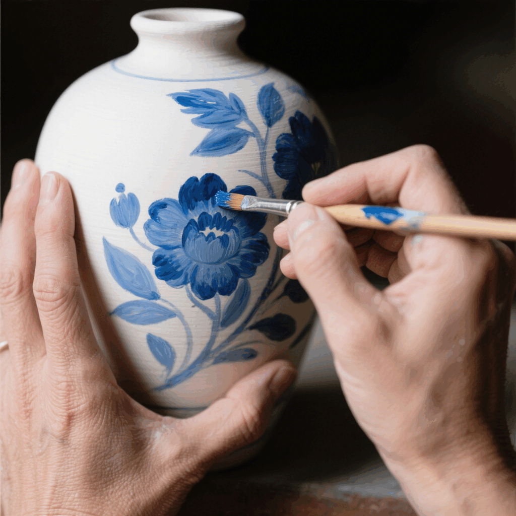 Potter hand-painting intricate blue floral motifs on a Jingdezhen porcelain vase