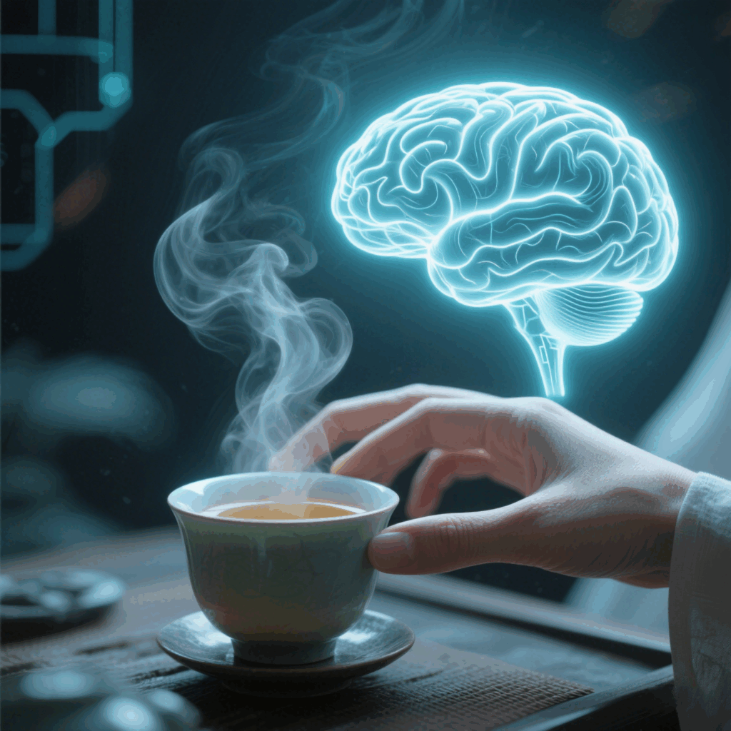 Tea ceremony in action: hands brewing oolong tea with fMRI overlay showing reduced amygdala activity.