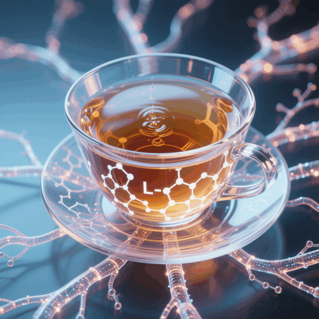3D molecular model of L-Theanine interacting with brain neurons, symbolizing stress relief and cognitive enhancement.