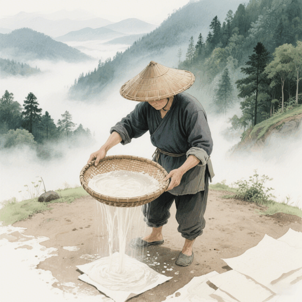 Artisan sieving bamboo pulp through a traditional screen in Panzhou’s foggy forests