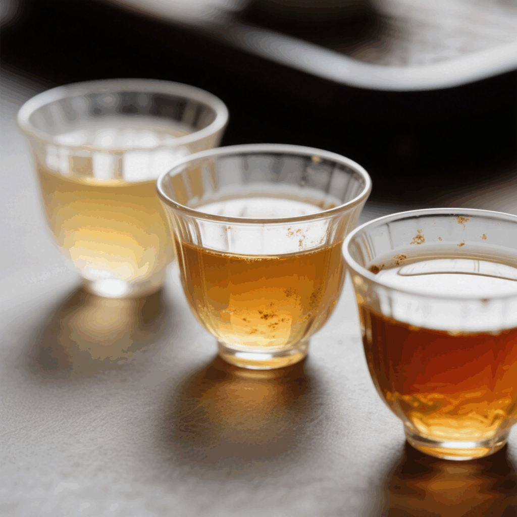 A close-up of different tea liquor colors in glass cups, from pale yellow to deep amber, showing antioxidant variations.