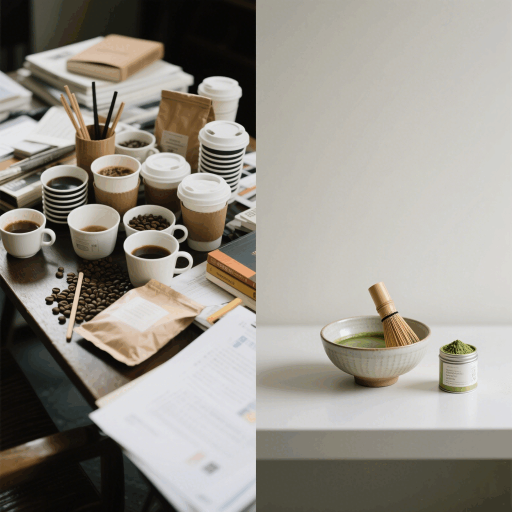 Silicon Valley workspace transition: coffee cups and energy drinks (left) vs. matcha bowl and tea utensils (right)