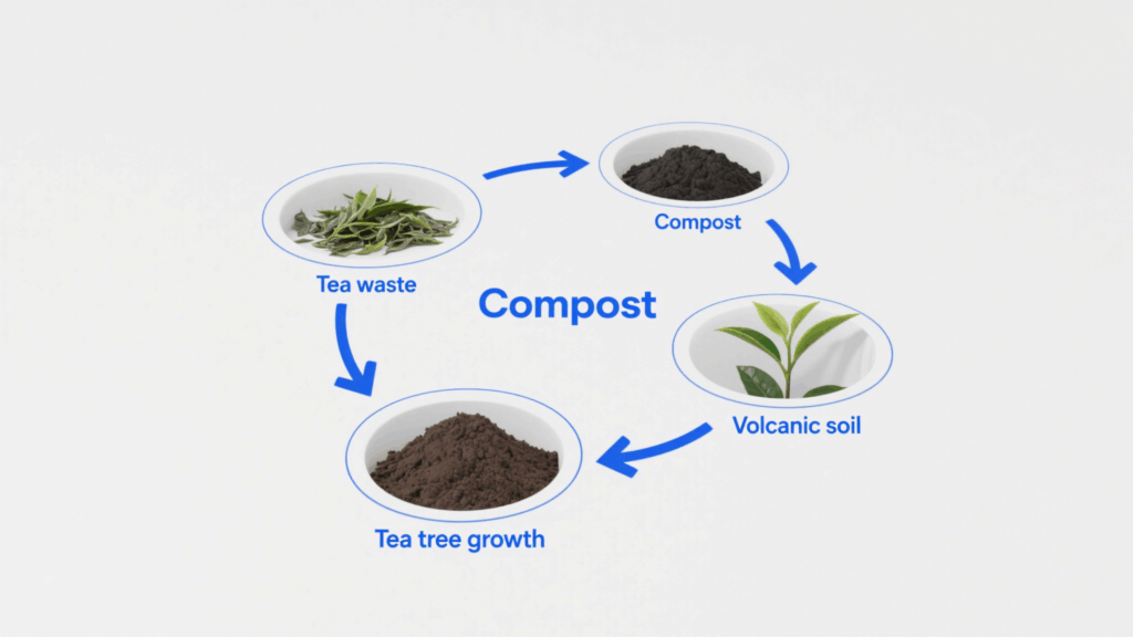 Sustainable loop: Awakening Garden’s spent tea leaves become organic compost for mineral-rich volcanic soil regeneration.