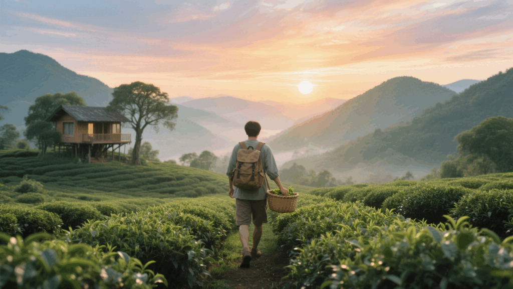 Tourists hand-picking tea leaves at dawn in Awakening Garden, eco-friendly treehouse villas nestled in mountains.