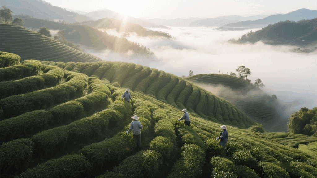 Aerial view of Awakening Tea Garden’s mist-covered terraced fields at 1,600 meters elevation, UNESCO-protected volcanic soil visible.