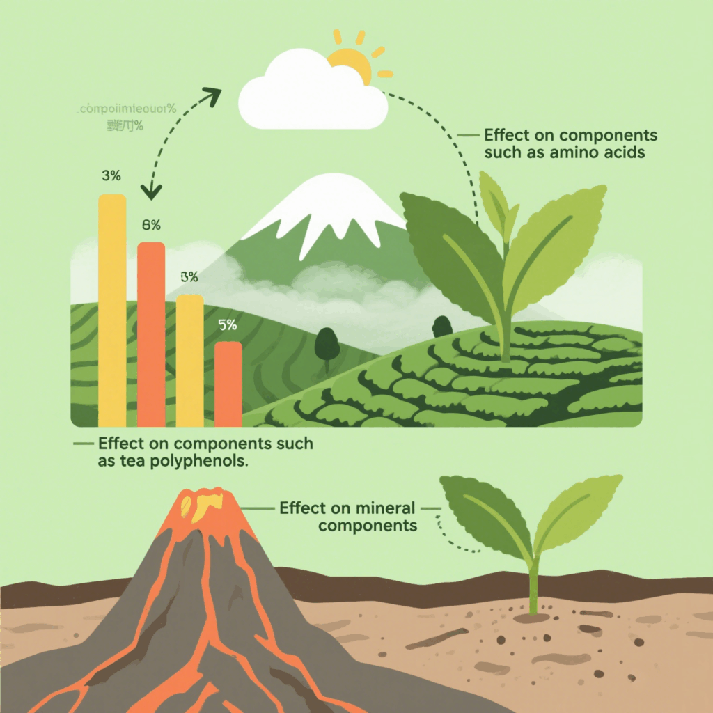 Infographic: How 1,600m elevation increases UV exposure, mist prolongs photosynthesis, and volcanic soil enriches tea minerals.