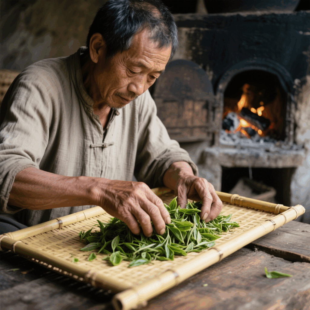 Artisan hand-rolling tea leaves in bamboo trays at Awakening Garden, Ming Dynasty charcoal roasting methods preserved.